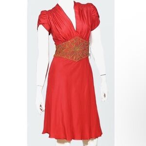 NWT - 2B. Rych Coral Silk Dress, V-Neck, Cream Colored Embroidery, fits slim 8